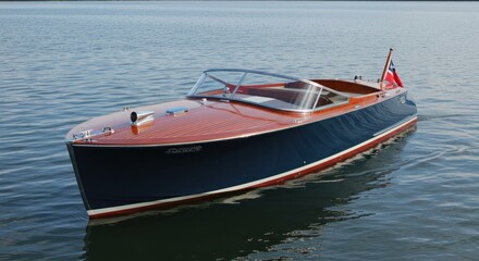 Naklejka premium Classic wooden boat on water with a red flag on the stern.