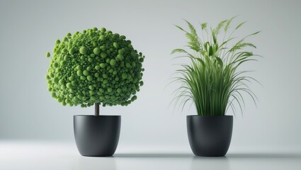 Fototapeta premium Collection of artificial plants in black pots isolated on white background