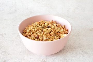 Close-up of a pink Bowl of Granola