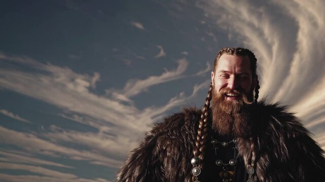 Guerrier viking barbu en tenue traditionnelle sous un ciel dramatique

