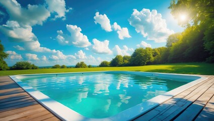 Fototapeta premium Above Ground PVC Swimming Pool for Adults with Patio Deck Flooring for Summer Outdoors