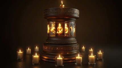 Serene Illumination: A 3D Render of an Ornate Prayer Wheel Surrounded by Candles