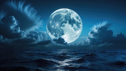 Fototapeta premium dramatic clouds over dark water with a full super moon