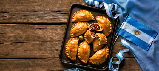 Top Down View of Tray of  Traditional Argentinian Empanadas  with Few Cut Open on Wooden Surface Decorated with Festive Ribbons and National Argentina Flag