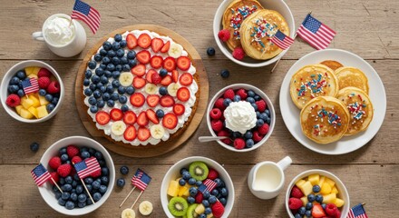 Festive 4th of July themed breakfast spread with fresh fruit and pancakes