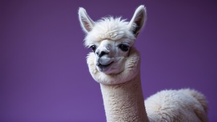 Obraz premium Furry alpaca face with a cheerful expression on purple