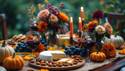 Fototapeta premium Beautiful autumn outdoor table arrangement with cheese, grapes, almonds, red wine, candles, and pumpkins for a romantic setting