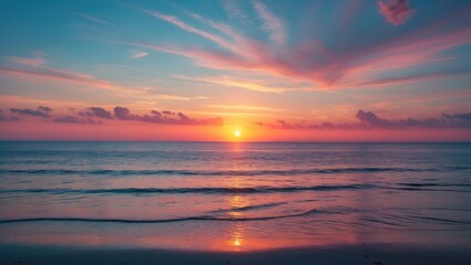 Fototapeta premium Majestic evening sky with vibrant orange and gold colors over the peaceful ocean and beach landscape