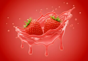 Fresh strawberries in a red juice splash