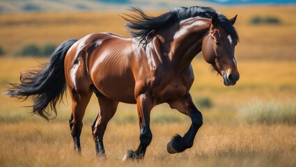 Summer steppe portrait of a wild bay stallion