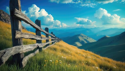 Fototapeta premium A scenic mountain view with a charming wooden fence extending far away, encircled by grassy land dotted with tiny wildflowers.