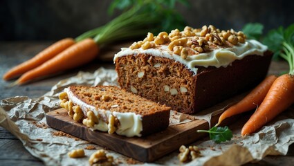 Cinnamon carrot cake topped with cream cheese frosting and walnuts on a wooden board.