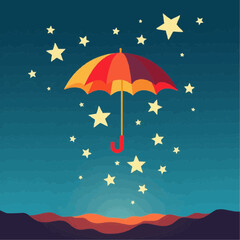 Colorful umbrella floating amidst stars in a twilight sky