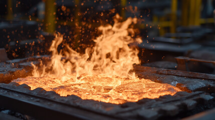 Bright molten gold glows like sunlight in a dark smelting workshop, steam and sparks rising as it fills the mold tray