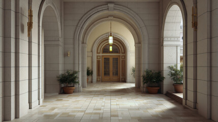 Elegant marble corridor with classical architectural details featu arched doorways and large potted plants creating a sophisticated interior space