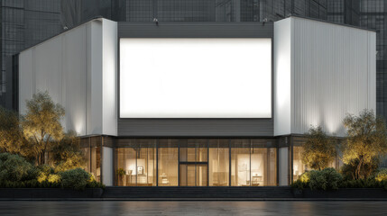 Obraz premium Modern building facade with large blank digital billboard at night illuminated by interior lights and surrounded by trees and landscaped greenery
