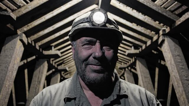 Mineur souriant dans une galerie souterraine avec casque-lampe

