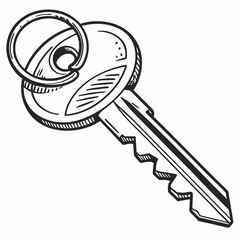 Professional hand drawn key with ring isolated on white