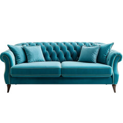 Modern teal sofa with cushions, isolated on a transparent background Png file format