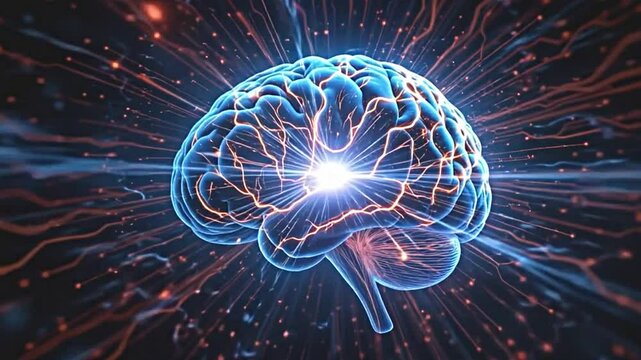 3d render x ray style image of a human brain rotating, composed of revolving particles, digital lines connecting neural pathways, a vivid glow emanating from intricate structures