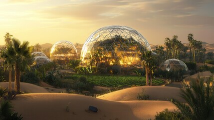 Fototapeta premium Futuristic Geodesic Dome Oasis in Desert Landscape – Sustainable Ecosystem and Innovation Concept.