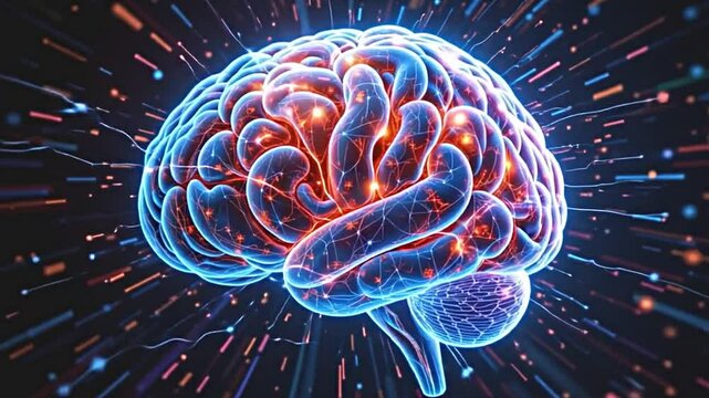 futuristic 3d x ray render of a human brain, dynamically rotating, constructed from luminous particles, intricate digital lines manifesting intelligence