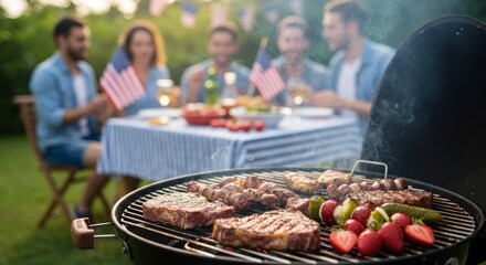 Obraz premium Festive Fourth of July barbecue with friends and grilled delicacies