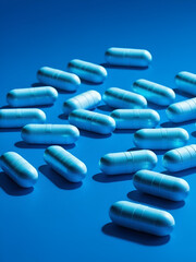 Pills and capsules in blue light