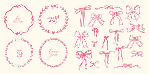 Set of whimsical doodle wavy ribbon circle frames with bows. Modern whimsical borders for wedding invitations, birthday cards, menu, holiday illustration. Coquette flirting vintage and retro style
