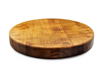 Wooden round cutting board on white or transparent background