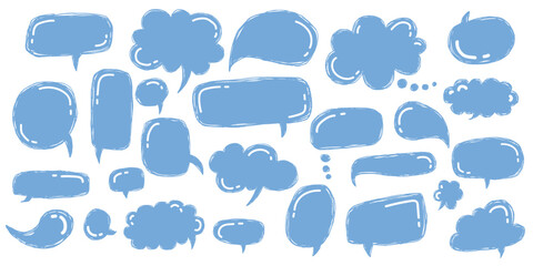 Crayon speech bubbles cloud doodle set. Chalk grunge texture communication text boxes, comic talk balloon in sketch style. Hand drawn vector illustration isolated on white background.