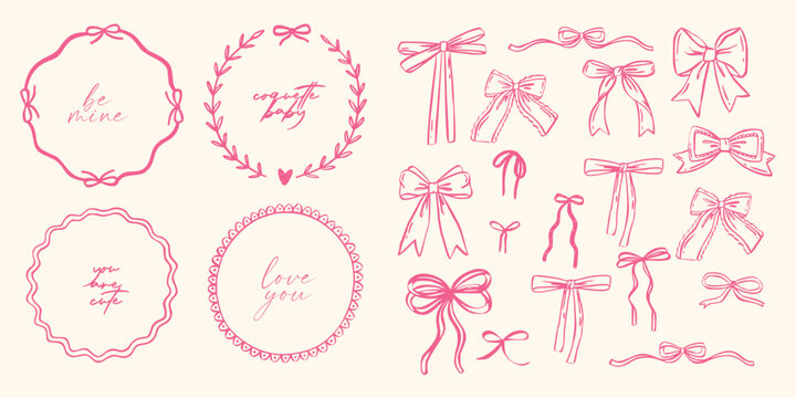 Set of whimsical doodle wavy ribbon circle frames with bows. Modern whimsical borders for wedding invitations, birthday cards, menu, holiday illustration. Coquette flirting vintage and retro style