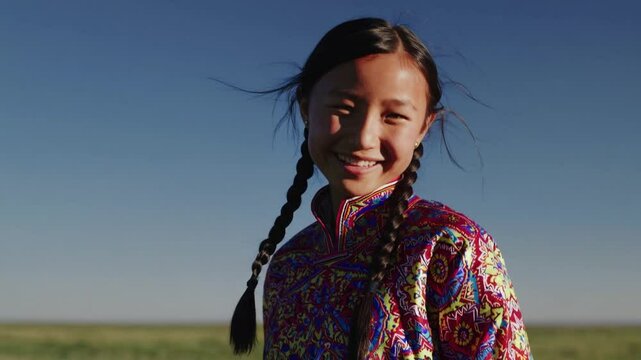 Jeune fille mongole souriante en tenue traditionnelle dans la steppe

