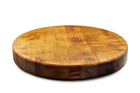 Wooden round cutting board on white or transparent background