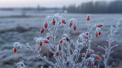 Frosty Rose Hips in Winter Landscape, a Closeup of Winter Beauty