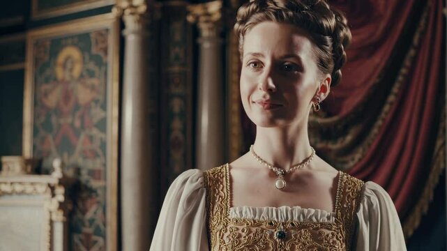 Portrait d&rsquo;une noble renaissance en robe dor&eacute;e dans un palais historique

