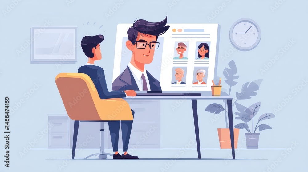 Poster man sitting at desk with woman displayed on screen for recruitment interaction in a professional off