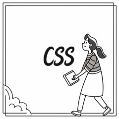 Girl walking with tablet, css design element, transparent background