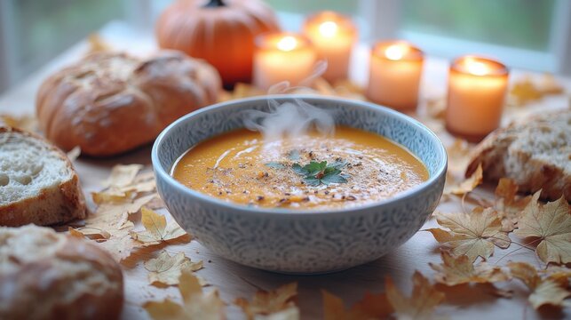 A steaming bowl of pumpkin soup sits at the center of a wooden table adorned with autumn leaves. Fresh bread rolls and lit candles create a warm, inviting atmosphere