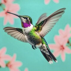 Fototapeta premium Hummingbird Hovering Near Pink Flowers on Teal Background