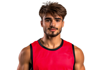 Handsome athletic man in red jersey, upper body shot, cut out transparent