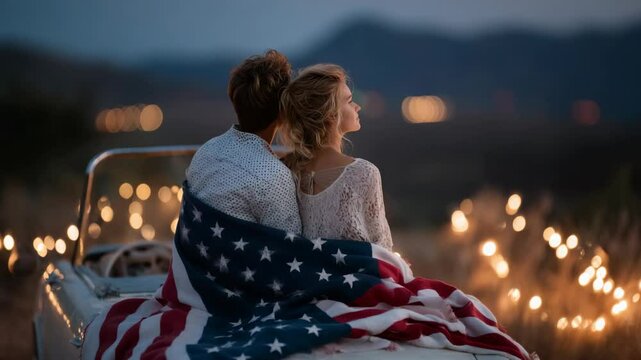 Couple Wrapped in Flag Looking at Horizon on Independence Day
