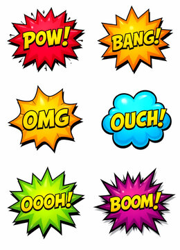 Comic book sound effects like "pow," "bang," and more create a vibrant visual impact.