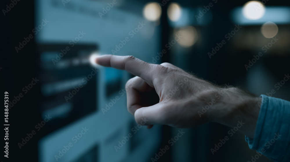 Poster interactive display: a close-up shot of a hand interacting with a digital display screen, showcasing