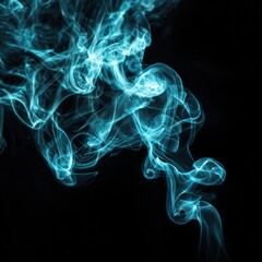 Fototapeta premium Abstract teal smoke swirls on a black background. A mesmerizing study in texture and form.
