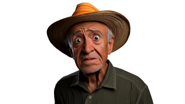Old Latino man with surprised expression in straw hat, cut out transparent