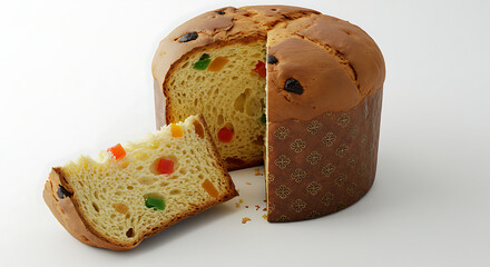 Panettone: A tempting view of Panettone, a traditional Italian sweet bread cake, partially sliced to reveal its airy interior, dotted with candied fruits and raisins, isolated on white background