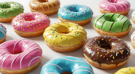 Delicious Assortment of Donuts: A vibrant array of delectable donuts, each adorned with unique frosting, sprinkles, and delicious glazes, promises a symphony of flavors isolated on white background