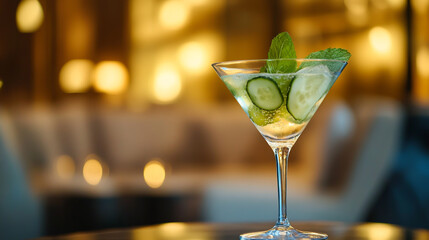 A skincare cocktail with cucumber and mint in a martini glass on a table, blurred hotel lounge background.