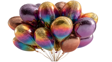 A cluster of metallic balloons in rainbow hues, celebrating joy and festivities, isolated on white --ar 16:9 --v 7.0 --s 750